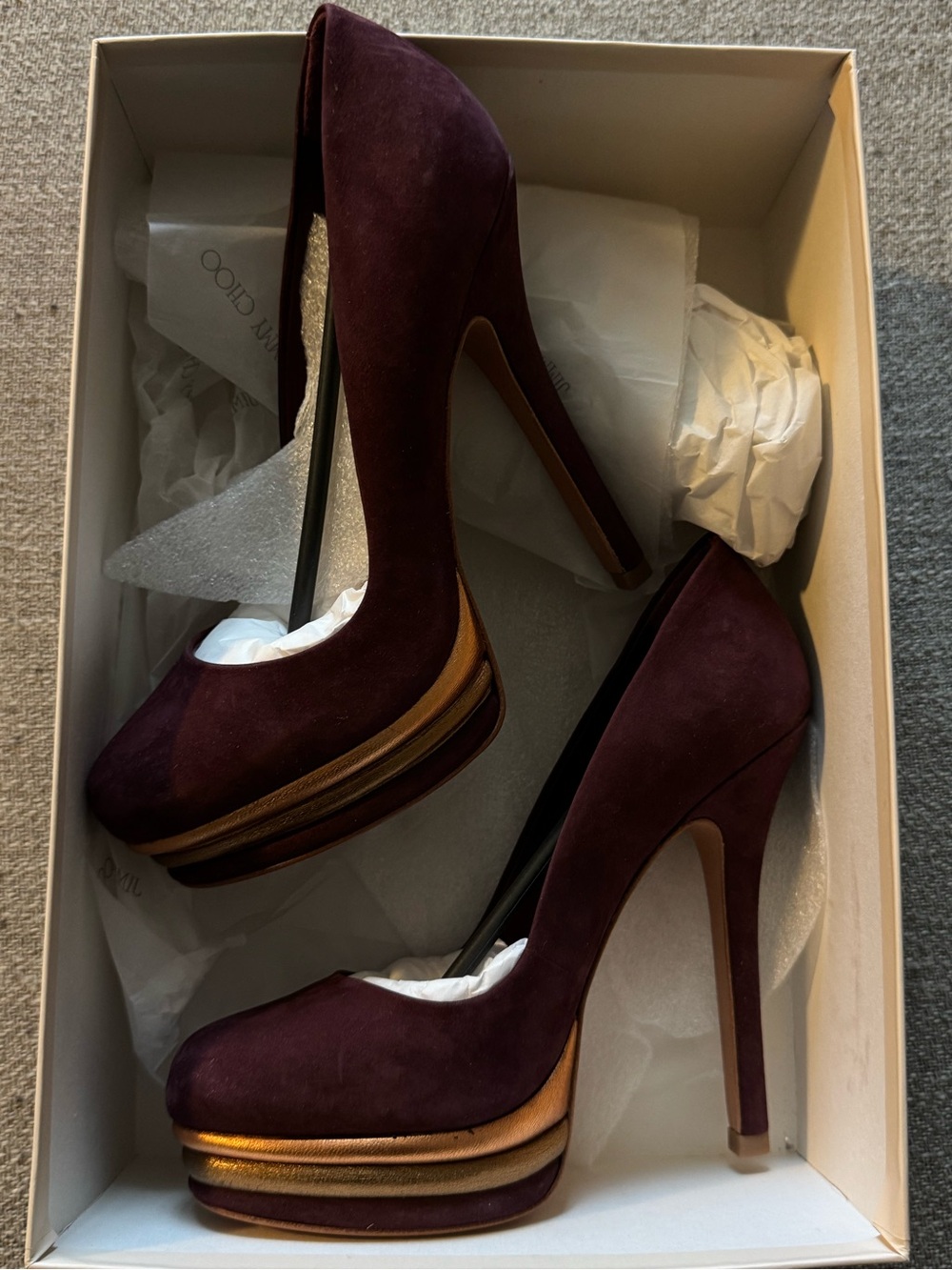 Aldo Plum Suede Platform Stiletto Heels with Gold Accent